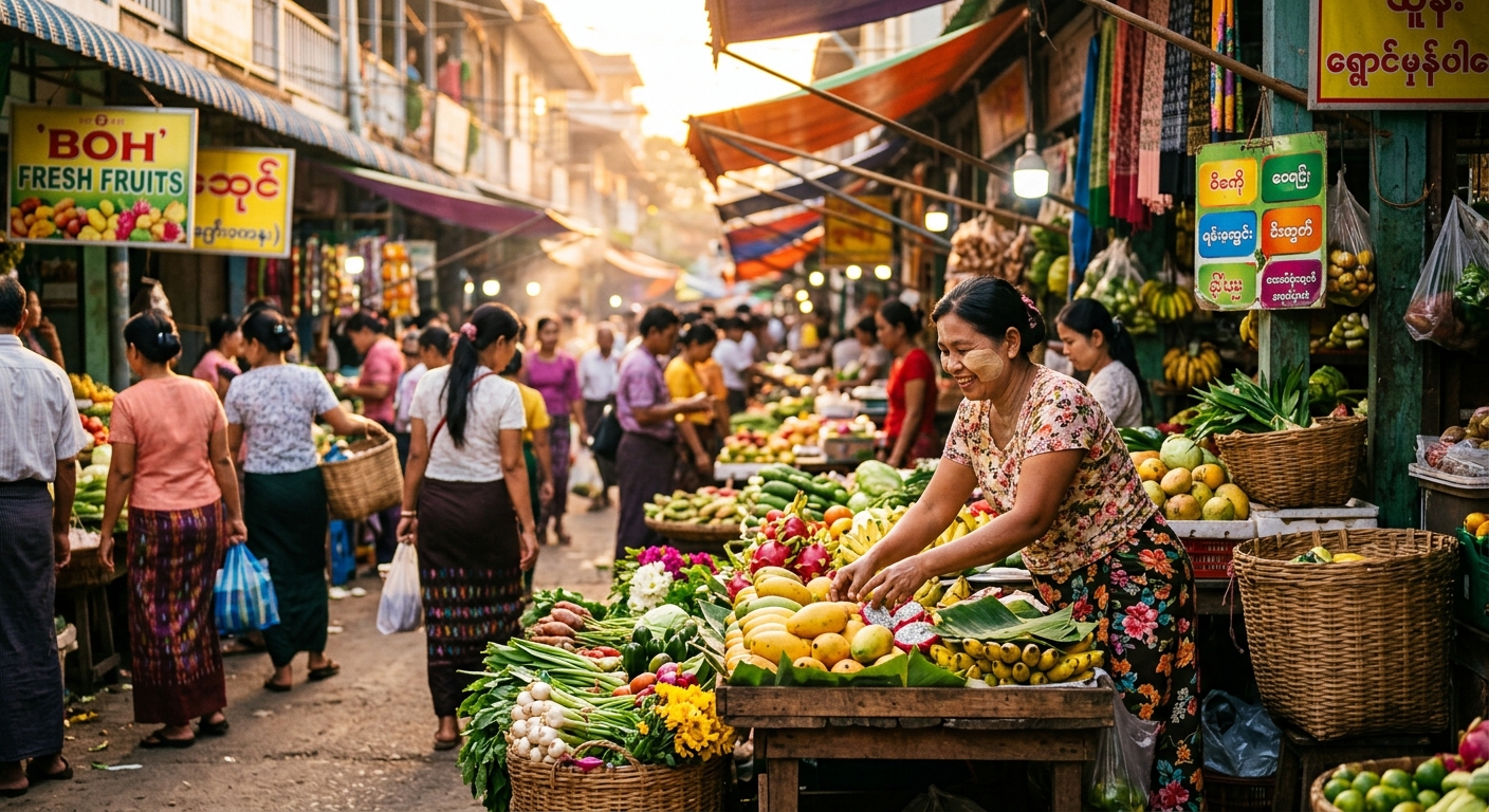A vibrant local Myanmar market at golden hour, with vendors and fresh produce stalls