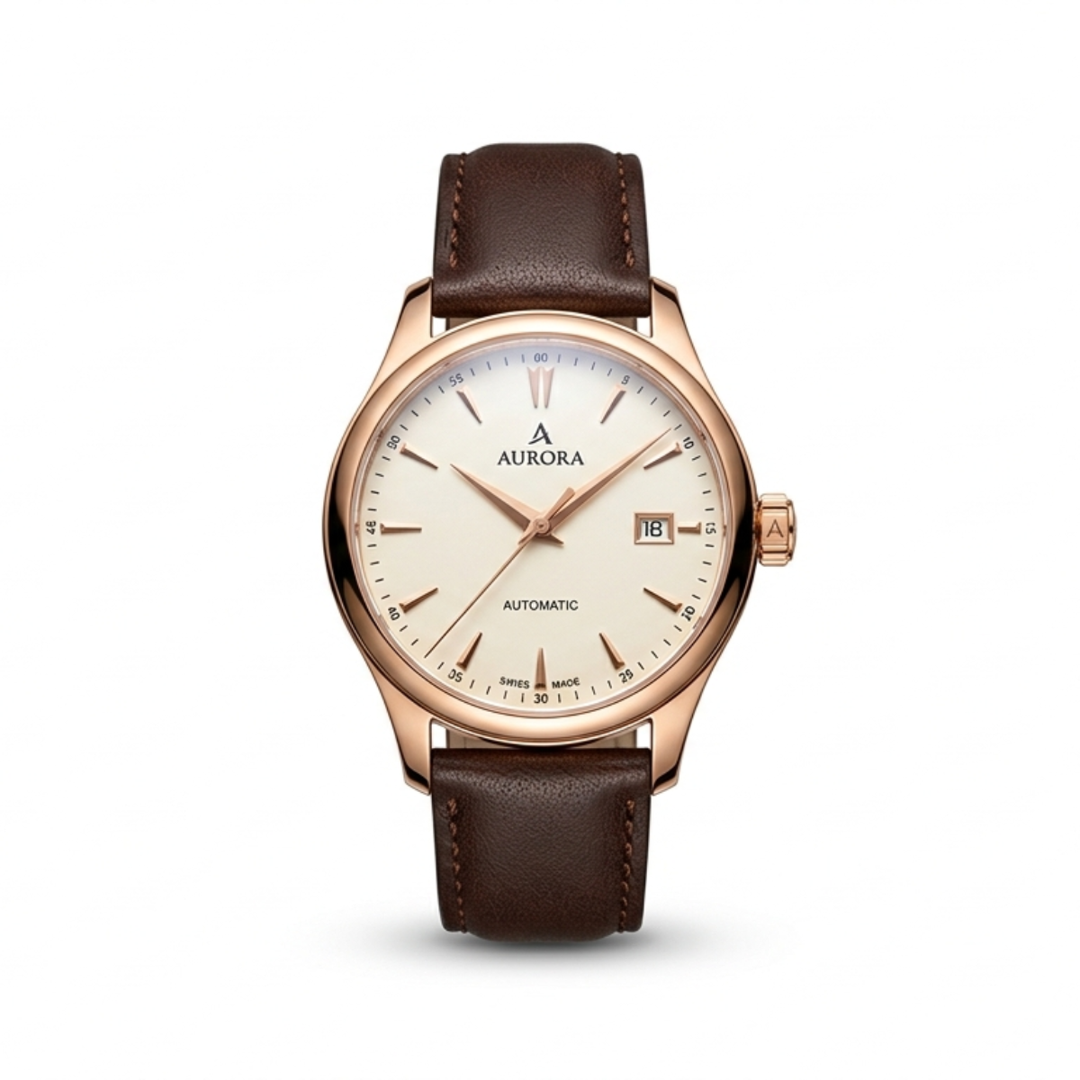 Rose-gold analog wristwatch with brown leather strap